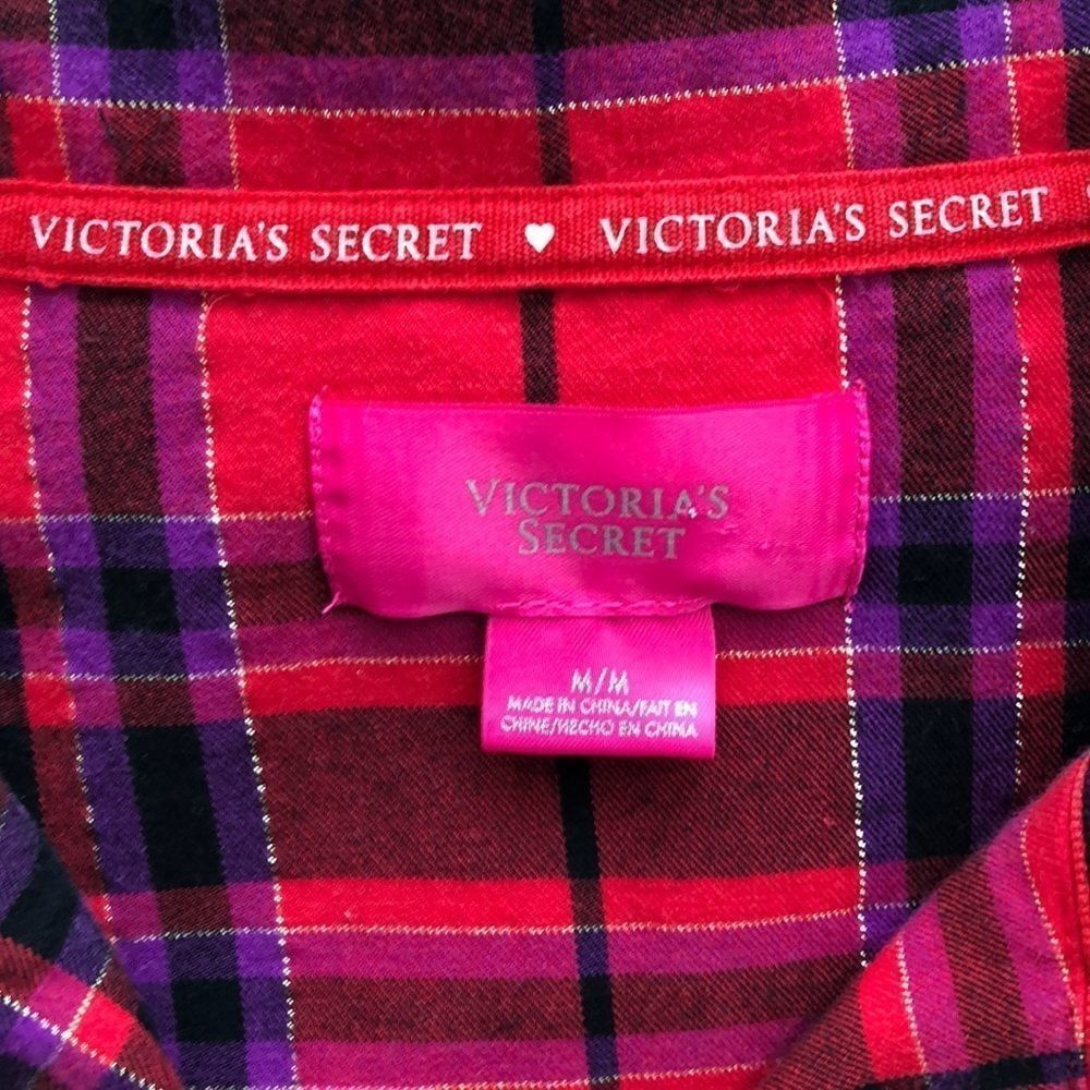 Victoria's Secret Plaid Flannel Pajama Top Metallic Lurex Red Purple Size M - Picture 13 of 15